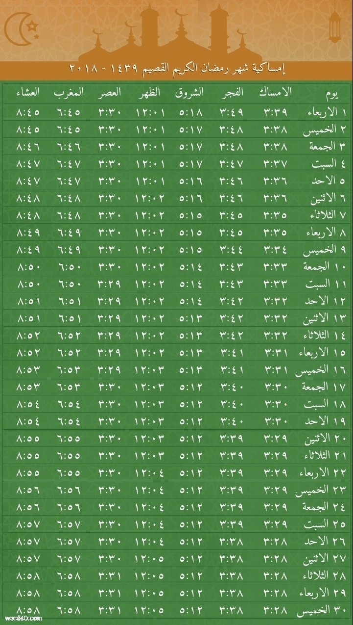 صورة - جدول امساكية رمضان 2018 القصيم صورة, رمضان, جدول, امساكية, القصيم, إمساكية رمضان 2018 القصيم, 2018