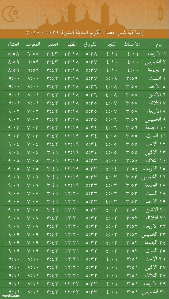صورة - جدول امساكية رمضان 2018 المدينة المنورة صورة, رمضان, جدول, امساكية, المنورة, المدينة, إمساكية رمضان 2018 المدينة المنورة, 2018