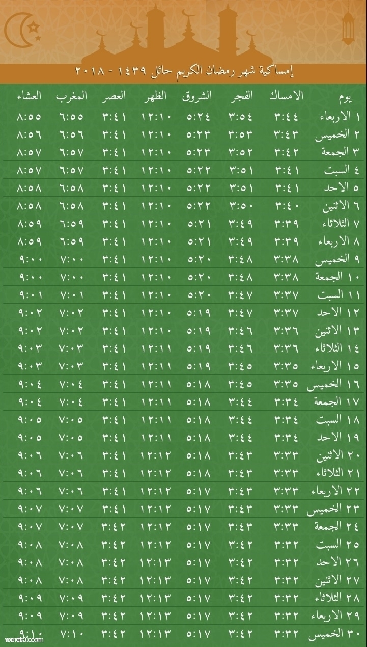 صورة - جدول امساكية رمضان 2018 حائل صورة, رمضان, حائل, جدول, امساكية, إمساكية رمضان 2018 حائل, 2018