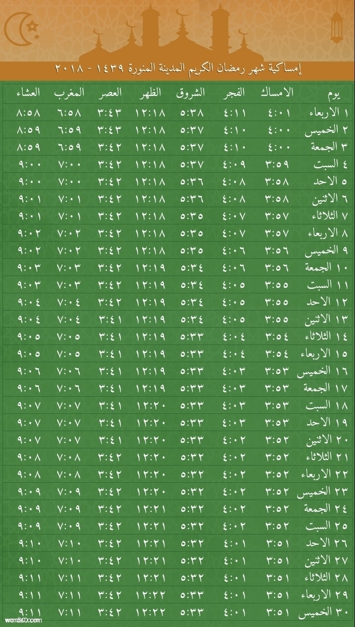 صورة - جدول امساكية رمضان 2018 المدينة المنورة